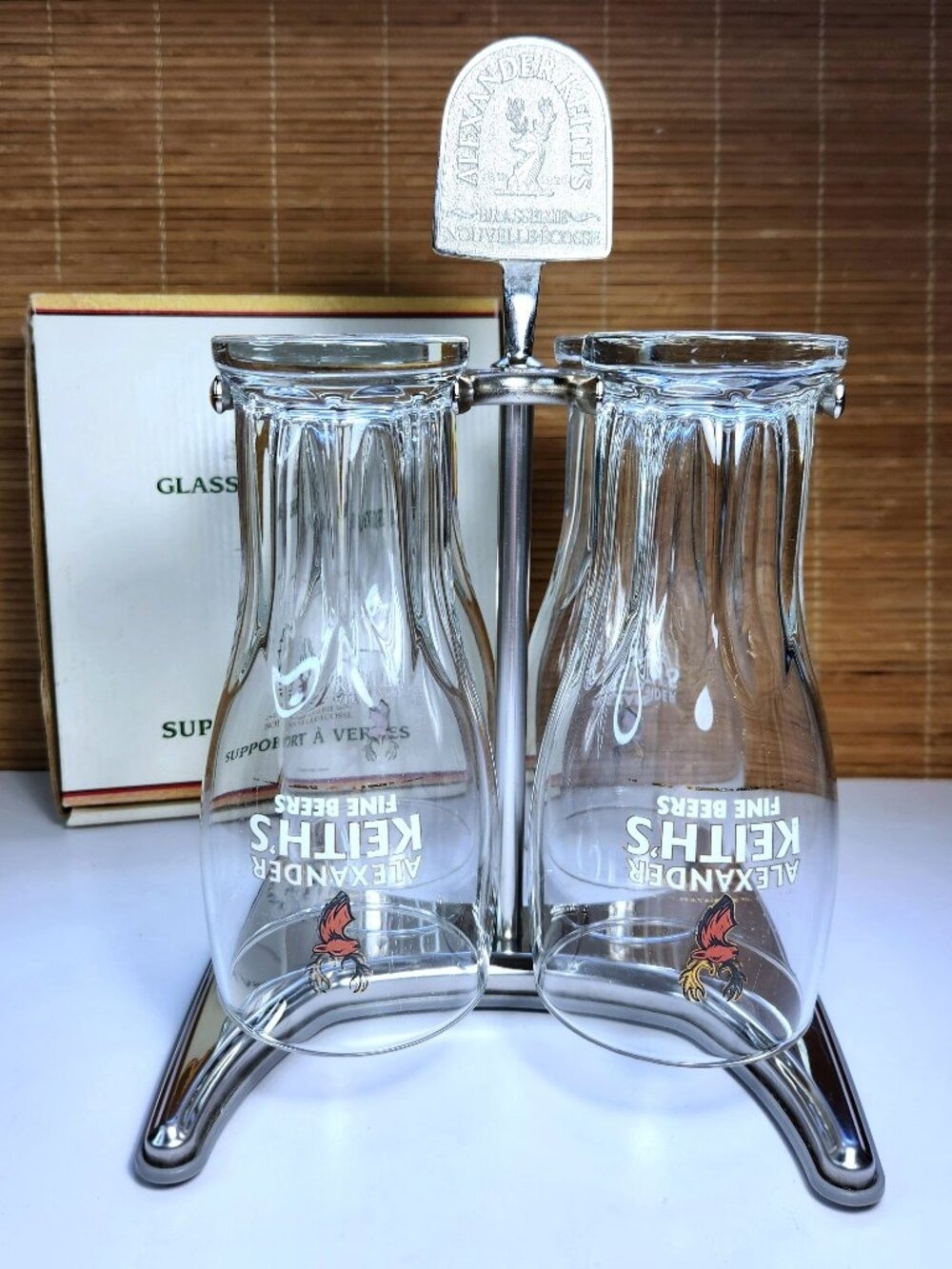 Alexander Keiths Fine Beers Glass Set Metal Stand 4 Stag Tulip Pint Glasses Cadd